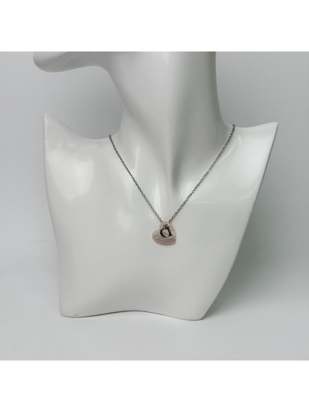 Dior Mother of Pearl Heart D Charm Necklace Plated Silver Pink Vintage